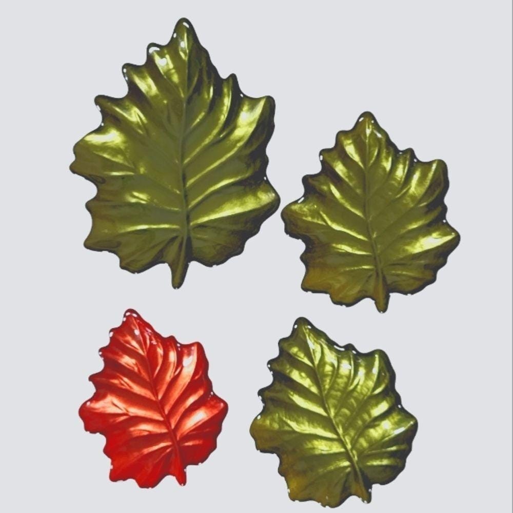 Vintage Green and Orange Glass Leaf Dishes Set of 4 Grape Leaf Decorative Trays